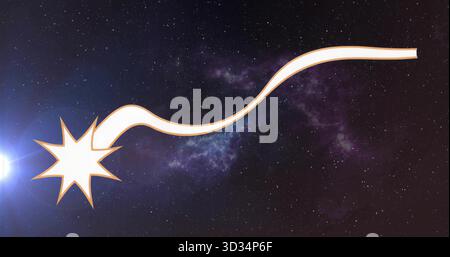 Travelling stylized shooting star icon sweeping across cosmic backdrop, with swirling nebula clouds Stock Photo