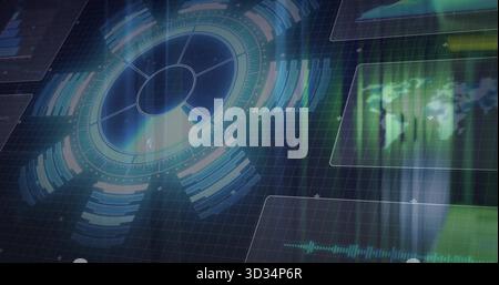 Displaying holographic chart with segmented arcs on control interface, with translucent data panels Stock Photo