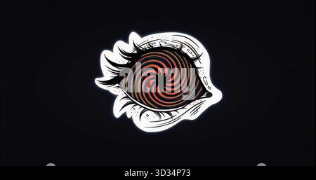Floating stylized eye glowing on dark backdrop, featuring red black spiral swirl and long eyelashes Stock Photo