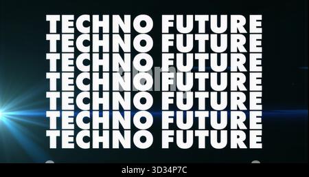 Displaying six-row bold white TECHNO FUTURE text on screen, featuring blue lens flare, light streak Stock Photo