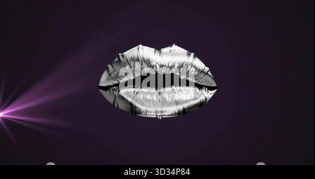 Floating metallic silver lips reflecting violet light beam against deep purple gradient Stock Photo