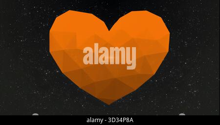 Floating faceted orange heart shape rotating in deep space, with countless tiny white stars Stock Photo