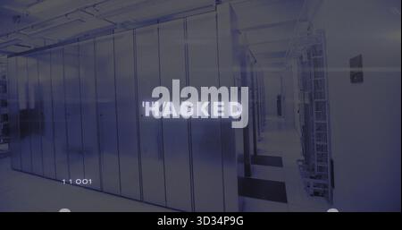 Server and network racks lining dim data center corridor, showing floor tiles and HACKED overlay Stock Photo