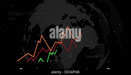 Displaying colored zigzag line graphs over dotted globe on dark data dashboard, code snippets Stock Photo