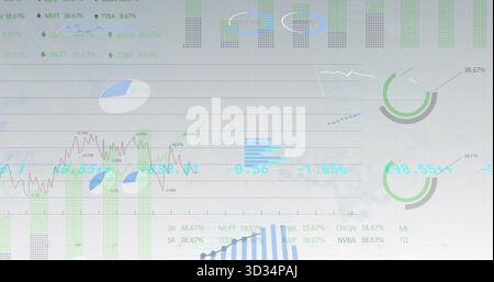 Displaying interface with line charts, bar charts, pie and gauge charts, numeric labels, grid axes Stock Photo