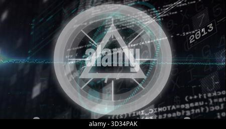 Displaying circular HUD showcasing triangle symbol in virtual data environment, with code snippets Stock Photo