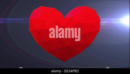 Floating red low-poly heart hovering in dark blue-gray gradient, showing white lens flares, streaks Stock Photo