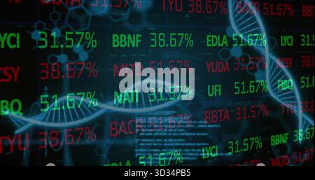Glowing blue DNA helix spanning virtual lab display, showing red green code and percentage overlays Stock Photo