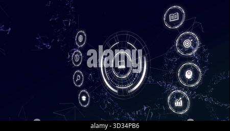 Displaying central computer icon in circular UI on dark interface, with glowing column icons, lines Stock Photo