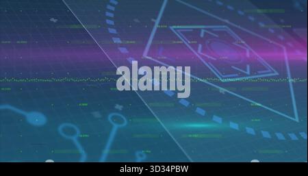 Displaying hexagonal UI glowing with dashed ring on holographic grid, neon streaks data points Stock Photo