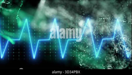 Neon blue ECG waveform pulsating across dark grid in futuristic display with green smoke, particles Stock Photo