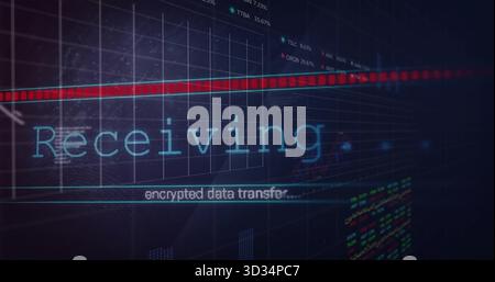 Displaying cyan-blue Receiving text on dashboard with encrypted transfer grid and red data line Stock Photo