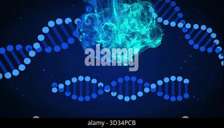 Displaying glowing turquoise data cluster hovering in virtual space, with blue DNA helix and specks Stock Photo