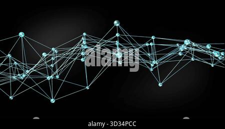 Displaying network graph spanning dark gradient backdrop, showing blue-green nodes, thin lines Stock Photo