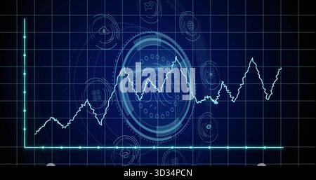 Displaying central circular HUD pulsing with white waveform on dashboard showing grid lines, icons Stock Photo