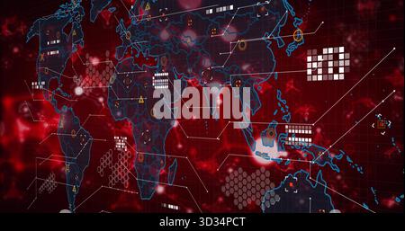 Projecting holographic world map on console, with hex grids, connection lines and warning icons Stock Photo