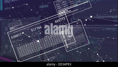 Displaying translucent data panels on tech dashboard with numeric code, matrix grid and node links Stock Photo