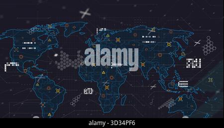 Displaying blue world map on dark grid, showing colored markers, data clusters and plus signs Stock Photo