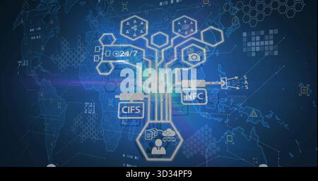 Displaying network branching across dark blue world map, with hexagonal nodes and CIFS, NFC icons Stock Photo