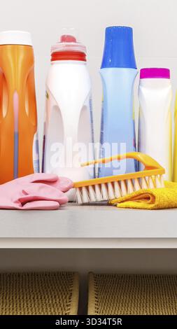 Cleaning items on the table in modern laundry room Stock Photo