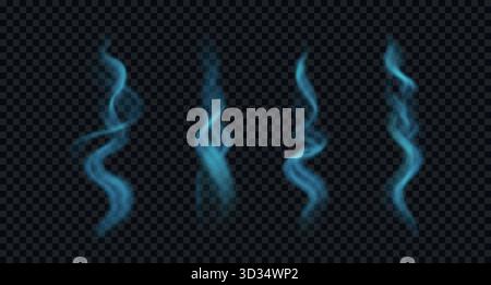 Glowing, wavy incense smoke and steam. Blue curved vapor isolated on transparent background Stock Vector