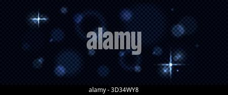 Stars light effect with glimmer dust and particles. Twinkle blur flares isolated on transparent backdrop Stock Vector