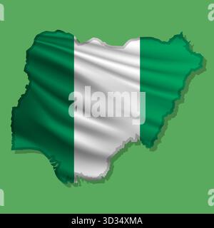Waving vector abstract flag of Nigeria in map shape with shadow Stock Vector