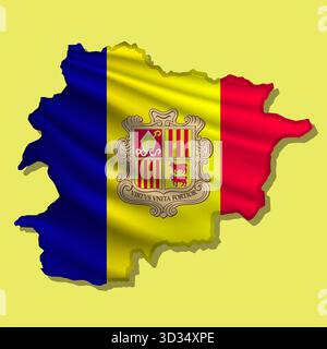 Waving vector abstract flag of Andorra in map shape with shadow Stock Vector