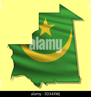 Waving vector abstract flag of Mauritania in map shape with shadow Stock Vector