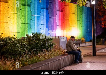 Harmony Mural Crystal City Metro Station Arlington Virginia | ARLINGTON, Virginia — A person sits on a plaza bench in front of the Harmony Mural at Crystal City Metro Station, its rainbow spectrum running the full length of the west wall behind them. Painted in autumn 2021 by Washington, D.C. artist Lisa Marie Thalhammer — who works publicly as "The Rainbow Dragon" — the 115-foot (35 m) long, 20-foot (6 m) high spray enamel work was the product of an open design competition organized by the National Landing Business Improvement District, with developer JBG Smith as funding partner. Thalhammer  Stock Photo