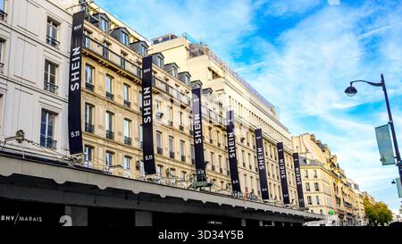 first global opening at bhv marais on Rue de Rivoli, Paris department store facade Stock Photo