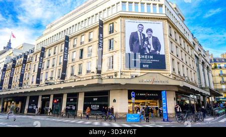 first global opening at bhv marais on Rue de Rivoli, Paris department store facade Stock Photo