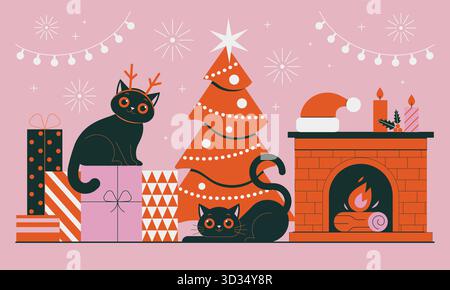 Christmas Scene with Two Cats and Fireplace Stock Vector