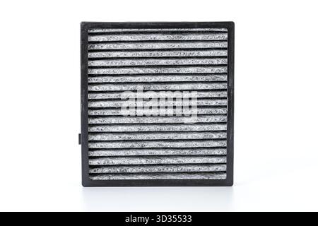 The replaced car air filter reveals a clear difference between the dirty, dust-covered air intake side and the cleaner air outlet side Stock Photo