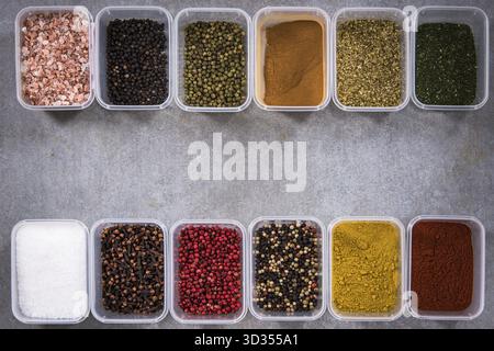 All spices in boxes from above Stock Photo