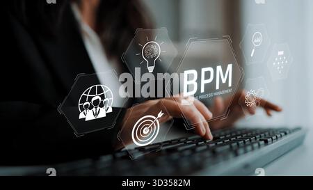 Business Process Management concept showing workflow analysis, process optimization, team collaboration, automation, and performance improvement Stock Photo