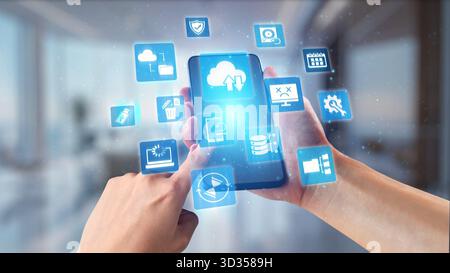 Cloud backup system connects devices through a secure data backup network. Data backup ensures protection, data backup reliability, and recovery. Gist Stock Photo