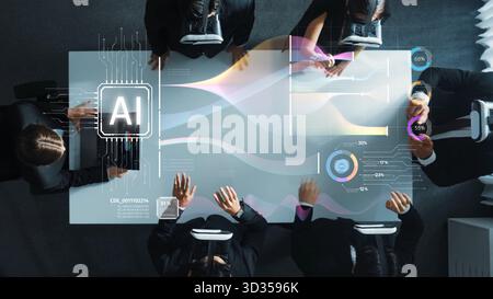 A modern team of business professionals collaborates in a strategy session using augmented reality technology, showcasing innovative AI data analysis Stock Photo