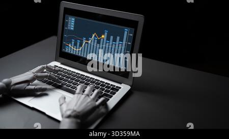 A robotic hand interacts with a laptop displaying dynamic graphs and charts, symbolizing advanced technology in data analysis and automation in a Stock Photo