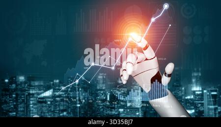 A robotic hand interacts with a glowing data point, illustrating the convergence of technology, finance, and innovation in the digital landscape Stock Photo