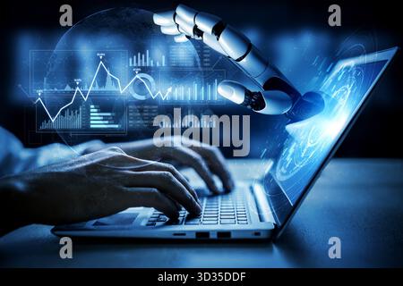 A captivating image showcasing a human hand typing on a laptop, while a robotic hand interacts with digital graphs and data, symbolizing the blend of Stock Photo