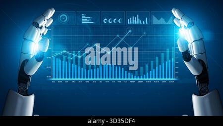 A pair of robotic hands gracefully frame a digital graph, showcasing data trends, analytics, and innovative technology in a sleek blue environment Stock Photo
