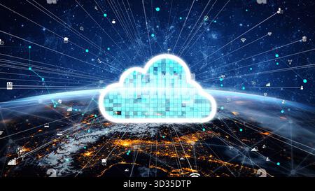 A captivating illustration of a cloud computing concept over Earth, showcasing digital icons that represent data and global communication technology Stock Photo