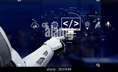 A robotic hand points at a digital screen filled with coding symbols and tech icons, symbolizing innovation and the future of programming in a modern Stock Photo