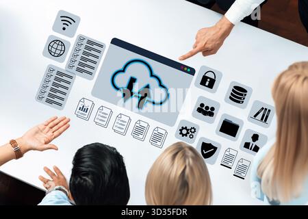 Cloud upload and download icon with surrounding data management, security, and analytics icons in digital interface Parse Stock Photo