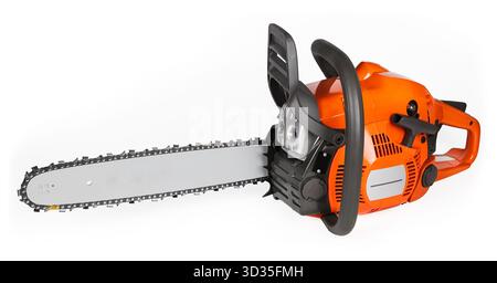 Modern portable endless chainsaw isolated on a white background. Woodwork gasoline sawing machine with sharp cutting teeth in chain on steel guide bar. Stock Photo