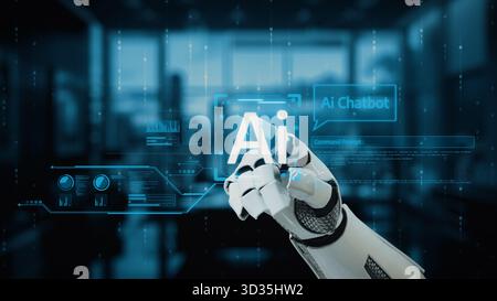 A robotic hand interacts with an advanced AI technology interface, featuring chatbot functions and digital data visuals, set in a contemporary office Stock Photo