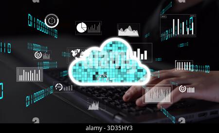This image depicts the concept of cloud computing with graphical data analysis and statistics, illustrating digital transformation and innovation in Stock Photo