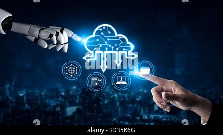 AI artificial intelligence optimizes cloud infrastructure with virtual assistants and intelligent automation, improving scalability, security, and Stock Photo