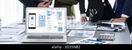 UX UI design process for brisk mobile application and website . Creative prototype of wireframe for professional app developer . Stock Photo